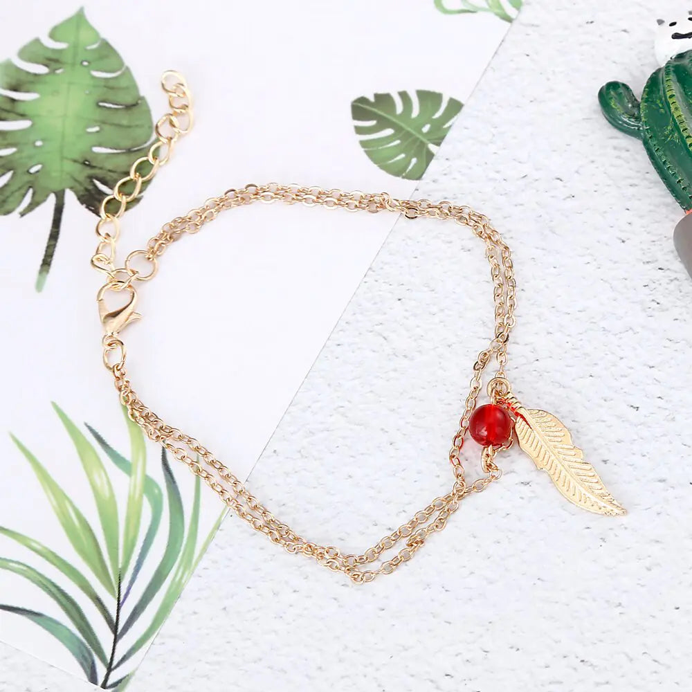 Crystal Bead Feather Anklet - Stylish Summer Accessory